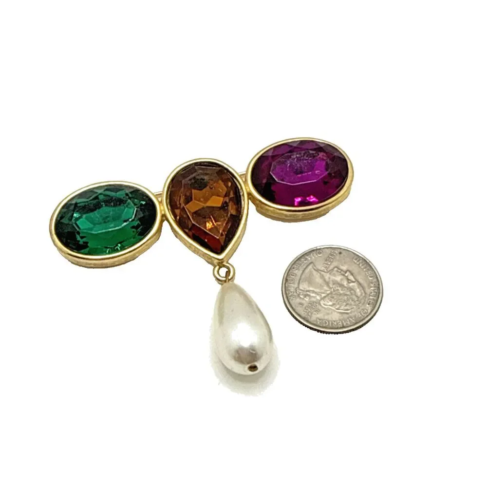 Vintage Rhinestone Gold Tone Bar Brooch Art Deco Chunky Green Amber Purple 3